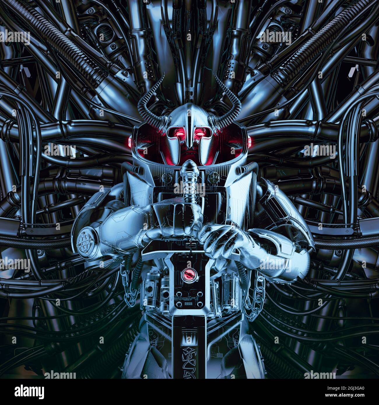 Futuristischer wikingerkönig - 3D-Illustration eines Science-Fiction-Roboters aus barbarischem Chrom mit gehörntem Helm und Kampfschwert auf seinem Thron Stockfoto