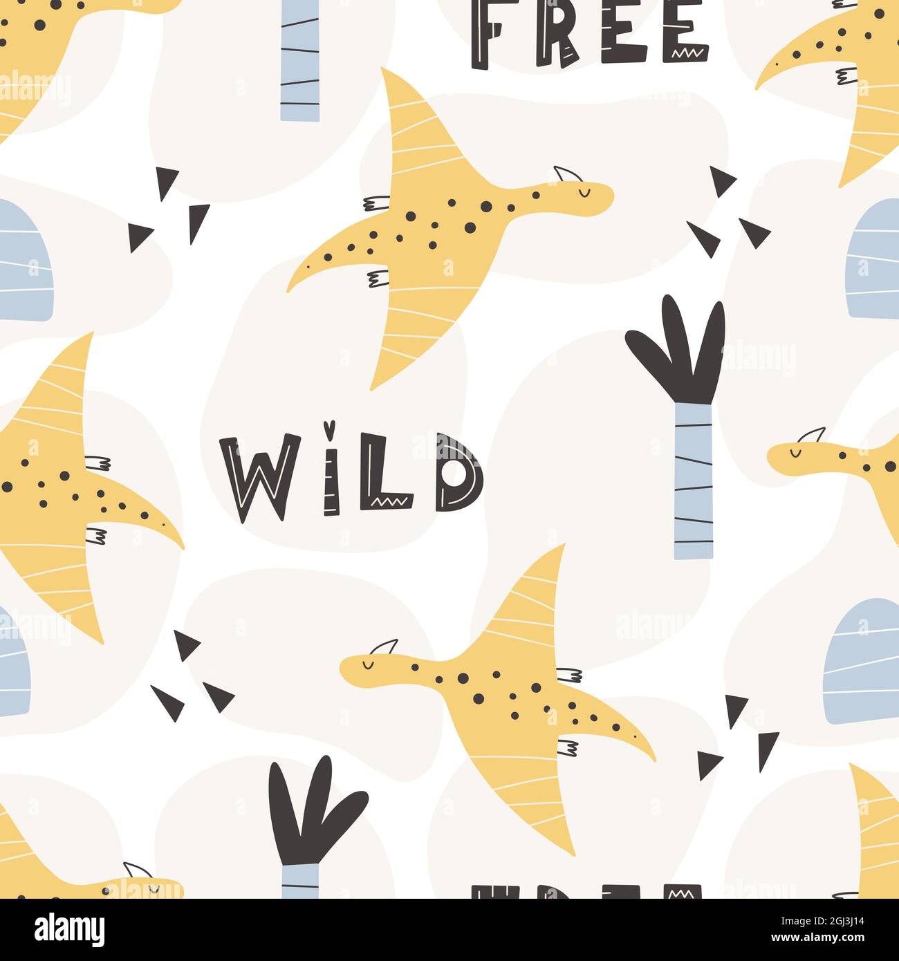 Niedliches Dinosaurier-Muster - handgezeichnetes, kindliches Dinosaurier-Nahtloses Muster-Design. Vektorgrafik Stock Vektor