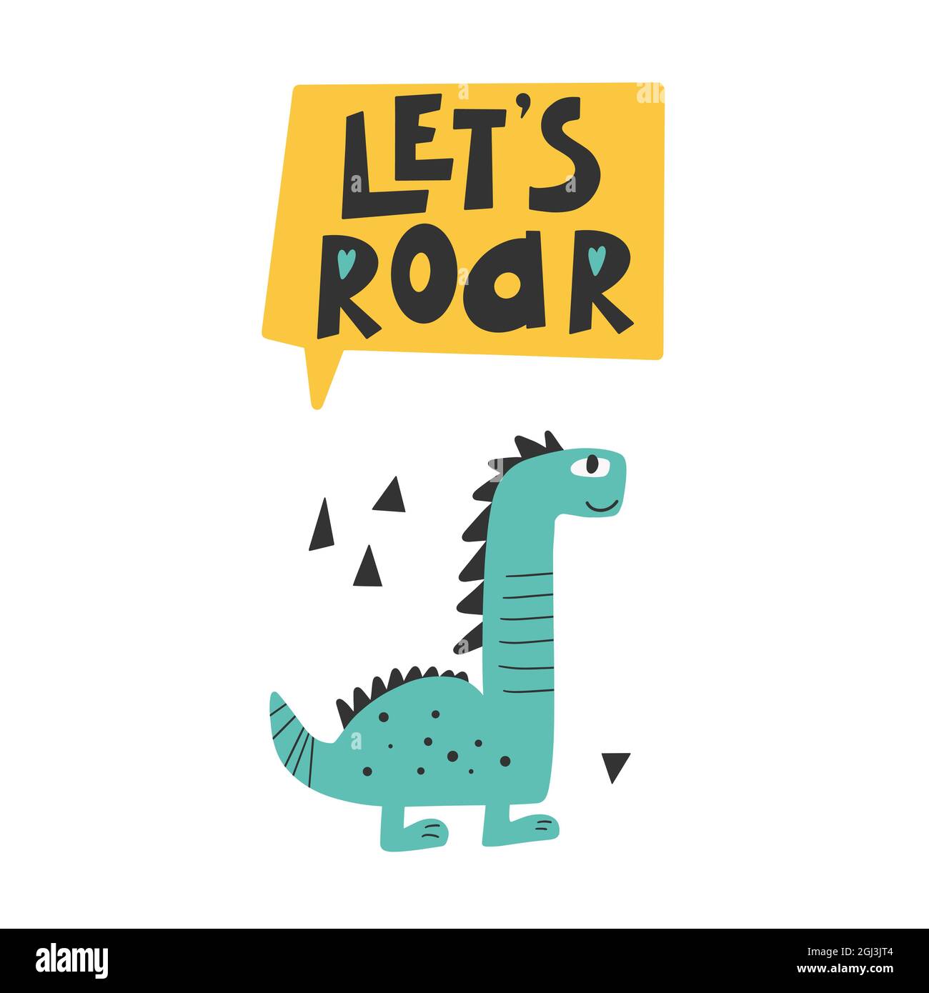 Niedlicher Dinosaurier mit Slogan-Grafik - brüllen, lustige Dino-Cartoons. Vektor lustige Beschriftung Zitat mit Dino-Symbol, skandinavische handgezeichnete Illustration für p Stock Vektor