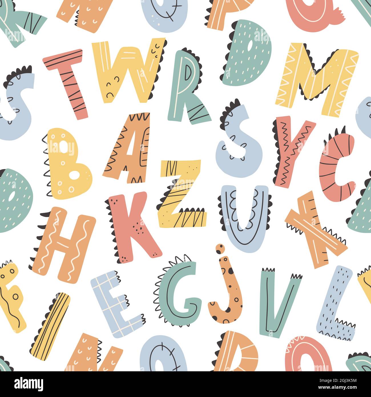 ABC Nahtloses Muster im einfachen Cartoon-Stil. Niedlicher Dinosaurier-Alphabet-Druck - handgezeichnetes, nahtloses Muster-Design mit kindlichem Muster. Digitalpapier. Stock Vektor