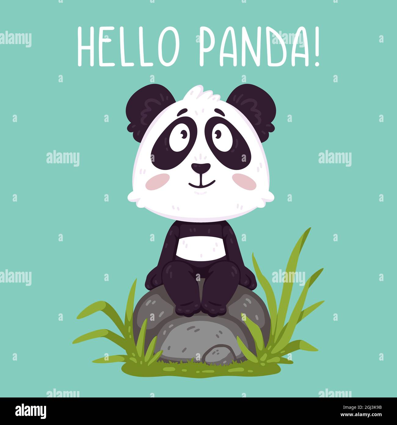 Netter Pandabär, der auf dem Felsen sitzt. Kawaii Tierzoo Vektor. Illustrationsvektor auf pastellfarbenem Hintergrund. Design für Kinderzimmer, Kinder, Grußkarte. Stock Vektor