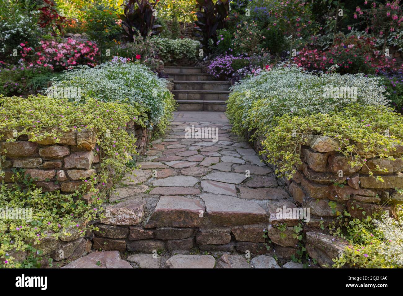 Garten mit Blumen auf beiden Seiten des Weges Stockfoto