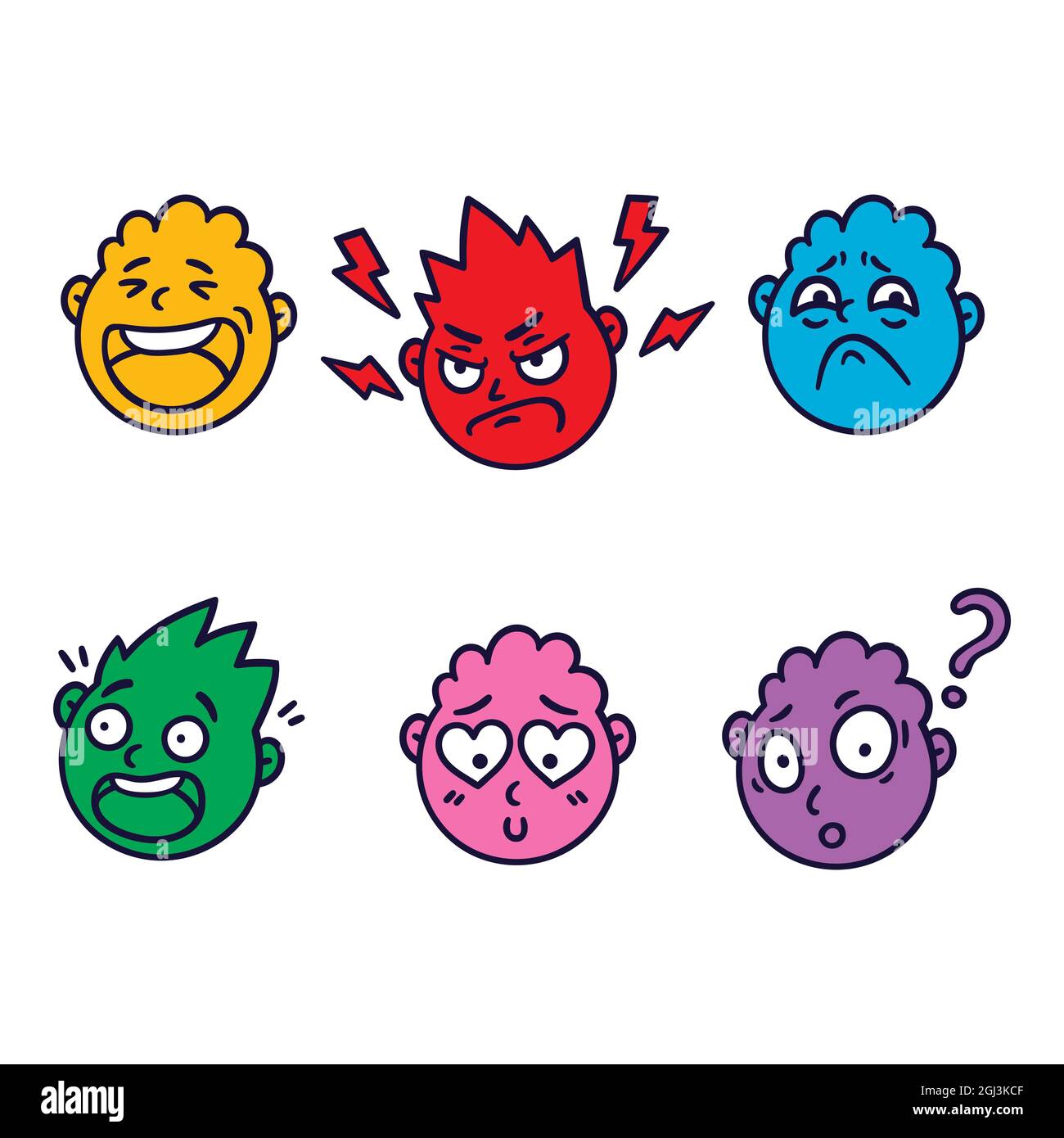 Rundes, abstraktes Gesicht mit verschiedenen Emotionen. Glücklich, wütend, fragend, erschrocken, traurig, Verlieben Sie sich in einen Emoji-Avatar. Cartoon-Stil. Vektordesign. Stock Vektor