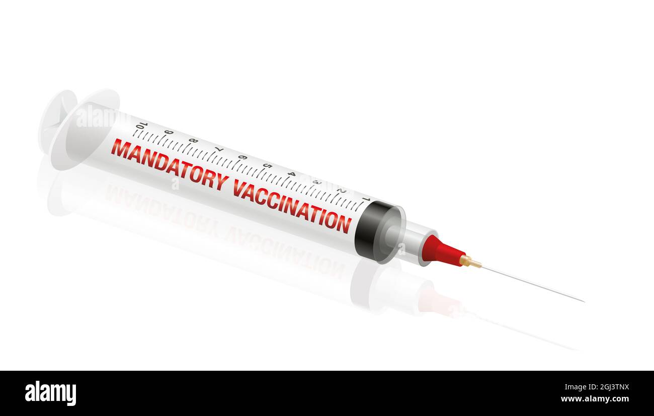 Obligatorische Impfspritze - medizinisches gefälschtes Produkt - Abbildung auf weißem Hintergrund. Stockfoto