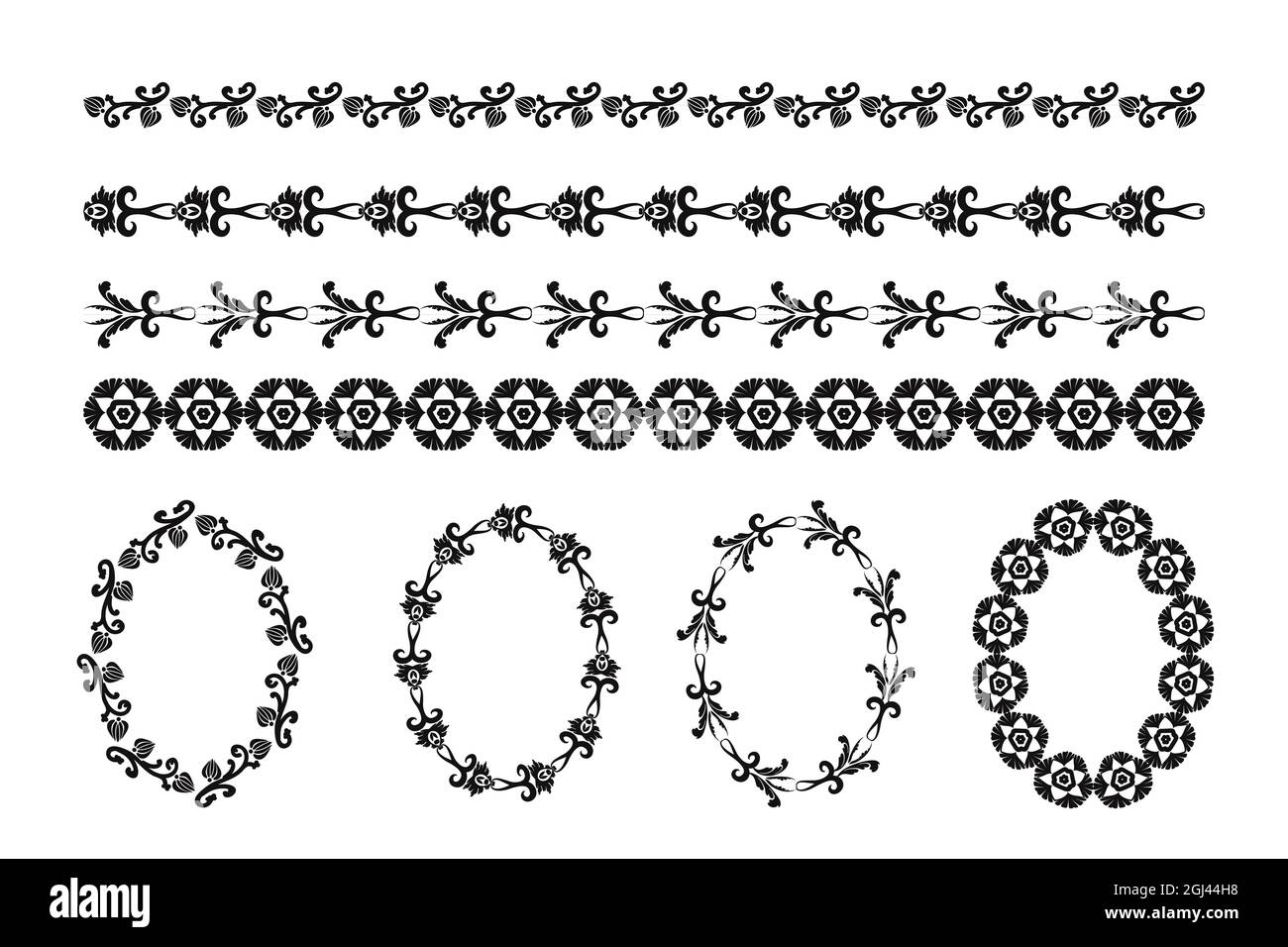 Vintage Set von dekorativen Elementen für die Gestaltung von Rahmen, Menüs, Hochzeitseinladungen oder Etiketten, zum Laserschneiden, Erstellen von Mustern in Holz Stock Vektor