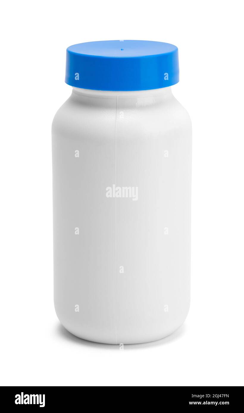 Plastikpillenflasche mit blauem Deckel, auf Weiß geschnitten. Stockfoto