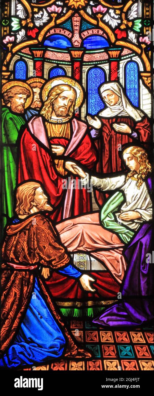 Healing the Sick, Life of Jesus Christ, Glasmalerei, von M & A O'Connor, Snettisham, Norfolk, England, Großbritannien Stockfoto