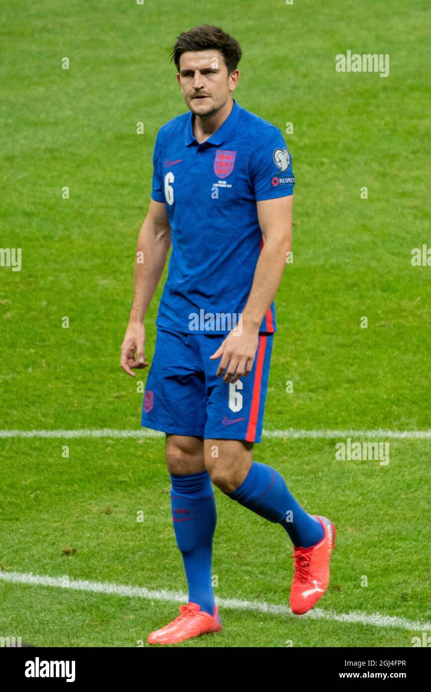 Warschau, Polen. September 2021. Harry Maguire aus England während des FIFA World Cup Qualifier Group I-Spiels 2022 zwischen Polen und England am 8. September 2021 im PGE-Nationalstadion in Warschau, Polen (Foto von Andrew SURMA/ Quelle: SIPA USA/Alamy Live News Stockfoto