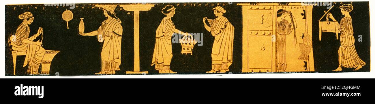 Dieses Design schmückte einen attischen pyxis (einen kleinen Topf, in dem antike griechische Frauen ihre Kosmetik, ihr Pulver oder ihren Schmuck gelagert haben). Die Bilder illustrieren Szenen aus dem Leben griechischer Frauen. Hier: Frauen, die ihre Toilette vorbereiten - Kosmetik, Waschen und Anziehen Stockfoto
