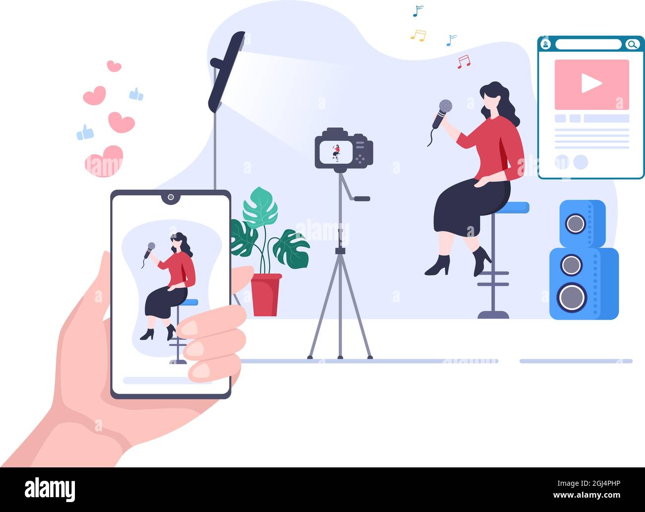 Live Music Content Creator Hintergrundmusiker spielt Gitarre, singt durch die Kamera im Wohnzimmer Flat Design Vektor Illustration Stock Vektor