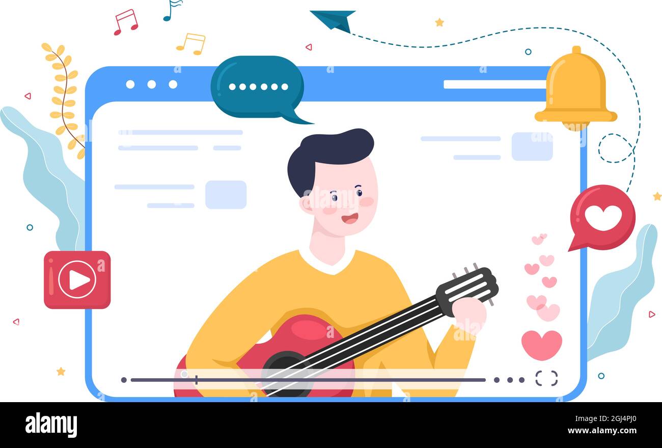 Live Music Content Creator Hintergrundmusiker spielt Gitarre, singt durch die Kamera im Wohnzimmer Flat Design Vektor Illustration Stock Vektor