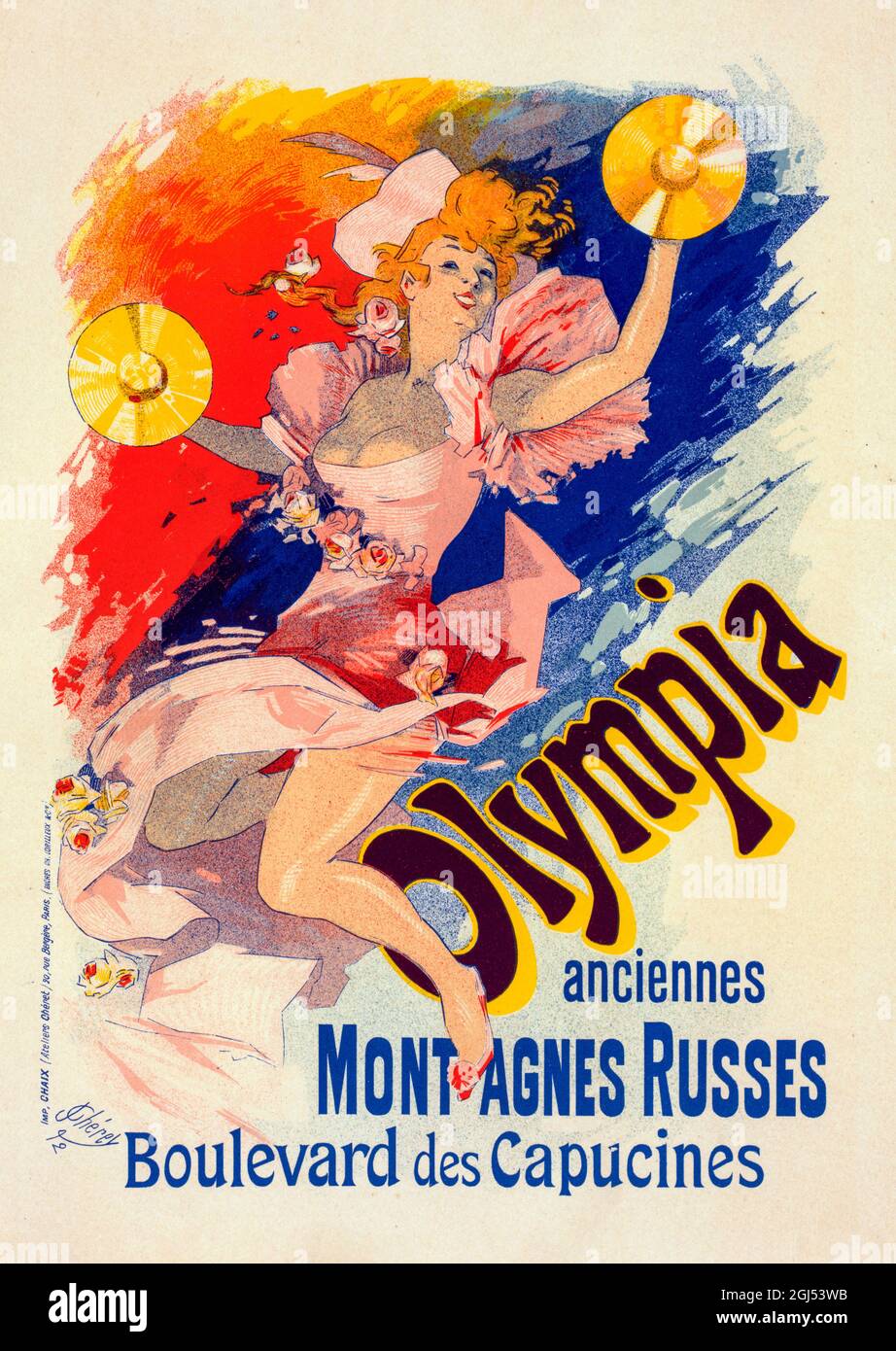 Poster für ein Konzert eines Damenorchesters in der Taverne Olympia von Jules Chéret, 1892. Stockfoto