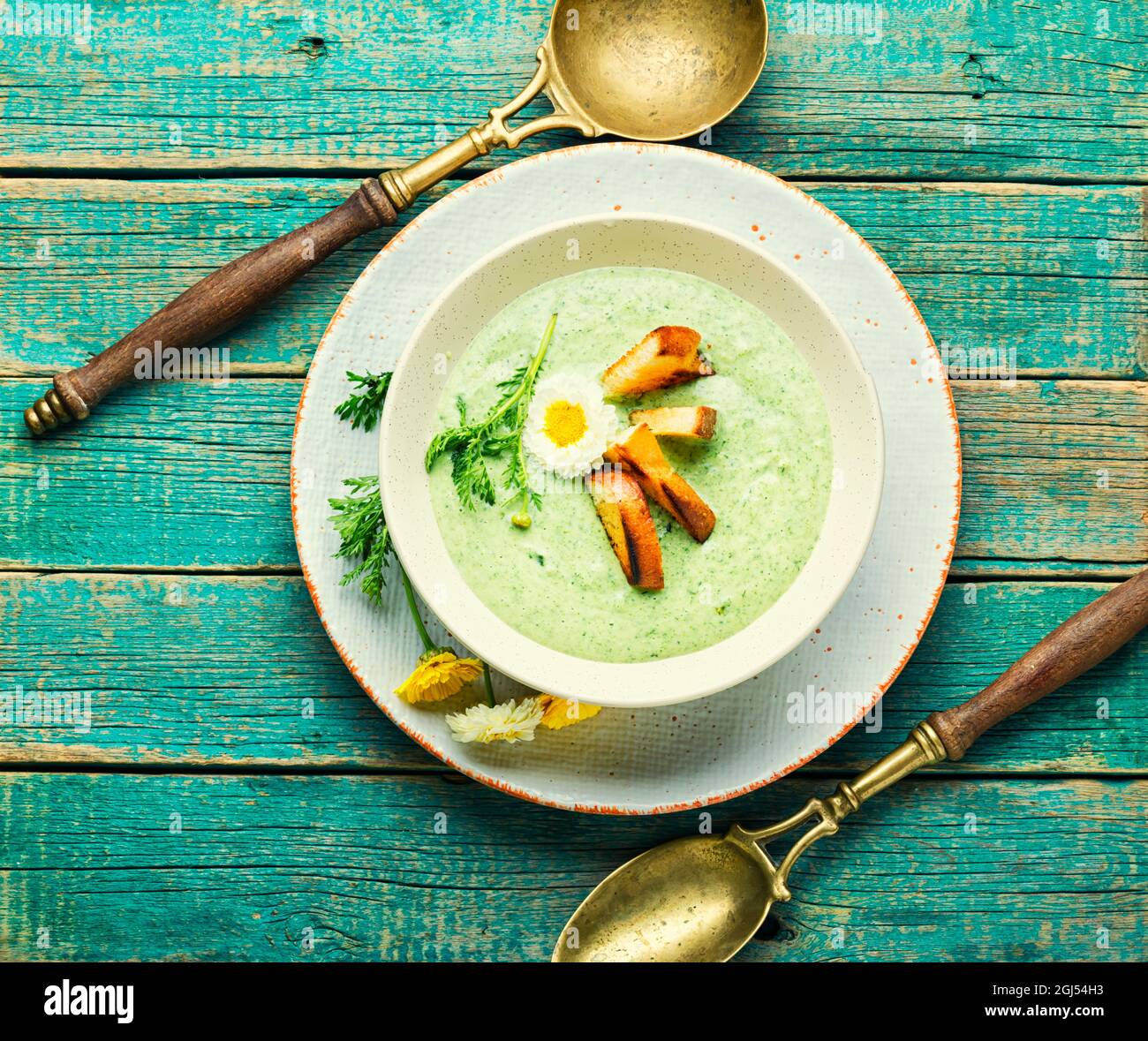 Püree-Suppe, diätetische Zucchini- und Kräutersuppe, garniert mit Croutons.Sommersuppe Stockfoto