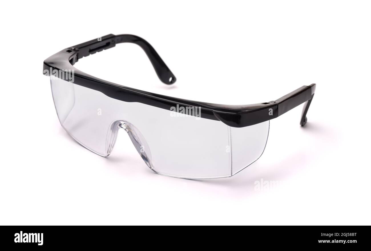 Transparente Schutzbrille aus Kunststoff isoliert auf weiß Stockfoto