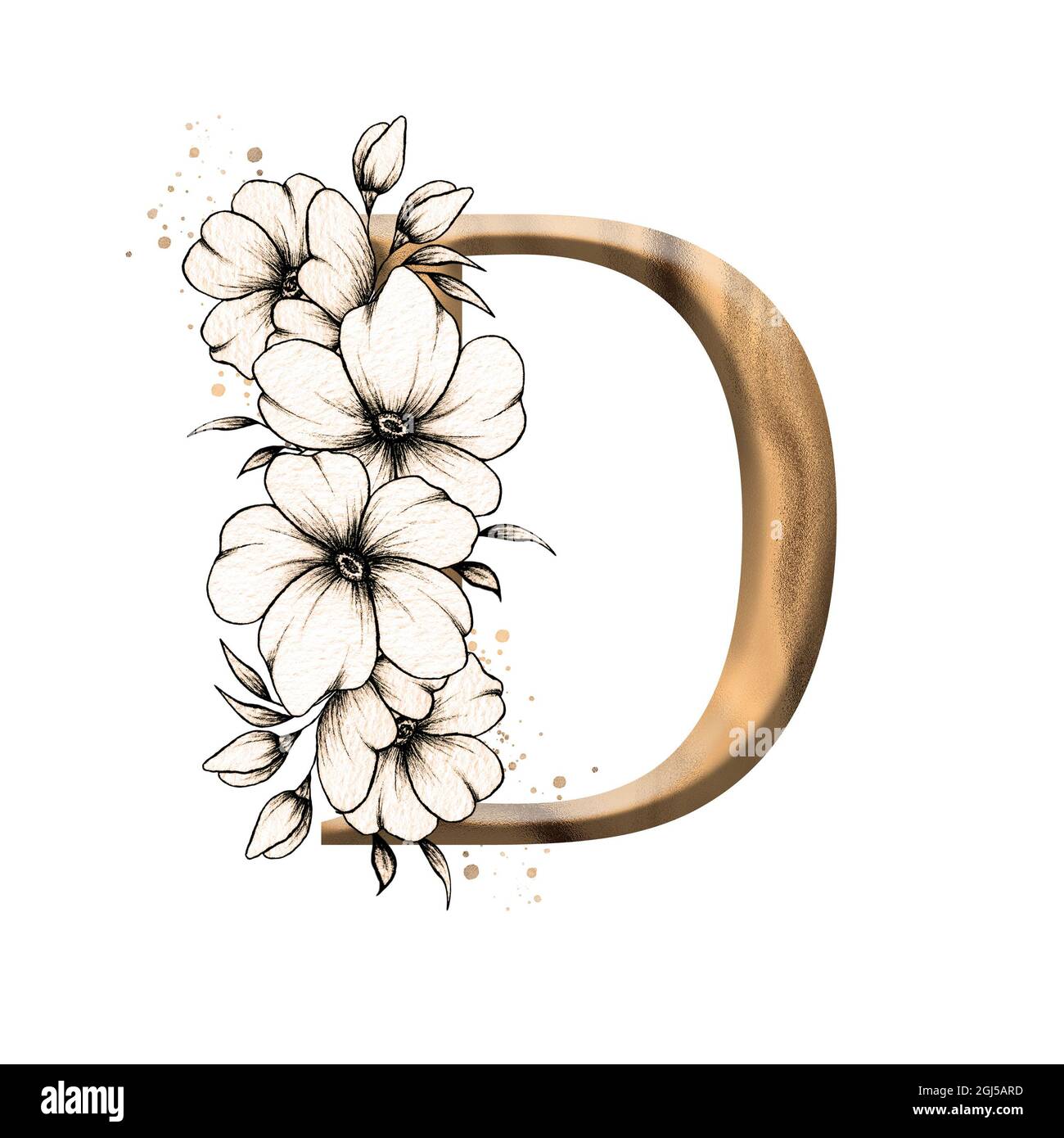 Graphic floral Alphabet, Gold Buchstabe D mit Vintage Blumen Bouquet Zusammensetzung, einzigartige Monogramm Initial perfekt für Hochzeitseinladungen, Grüße Stockfoto