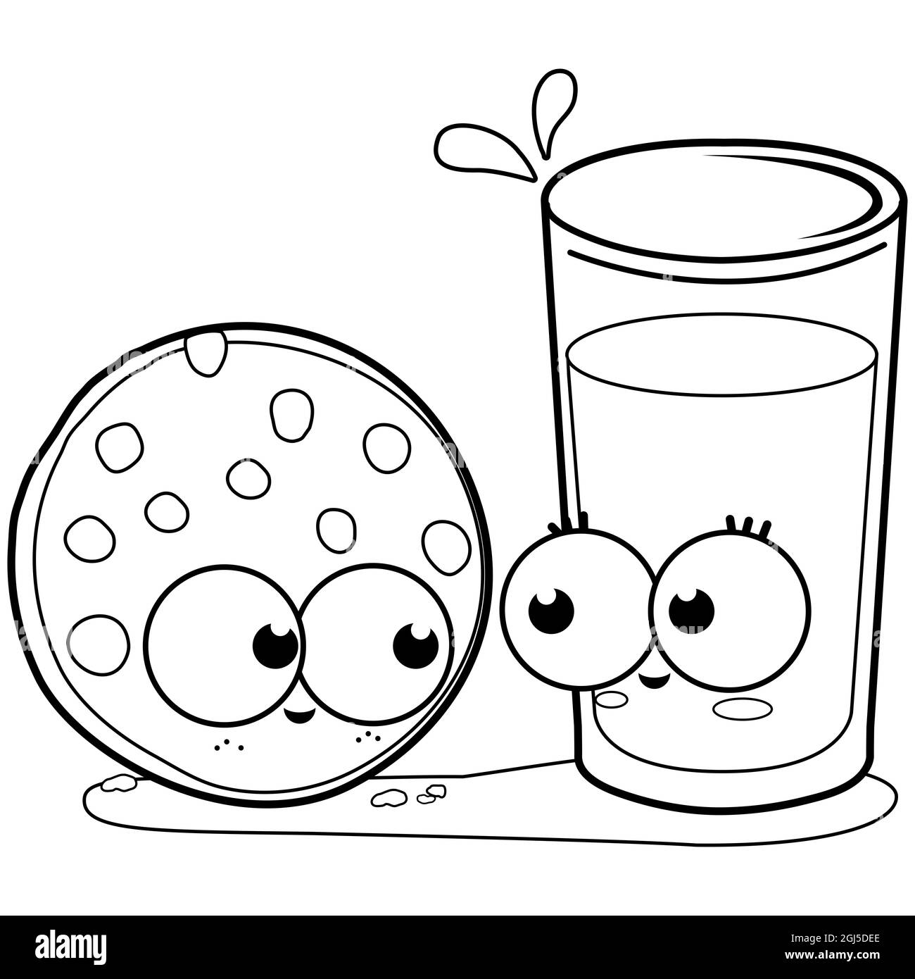 Süße Frühstückssnacks, ein Glas Milch und Kekse. Cartoonglas mit Milch- und Schokoladenchips-Keksfiguren. Schwarzweiß-Ausmalseite Stockfoto