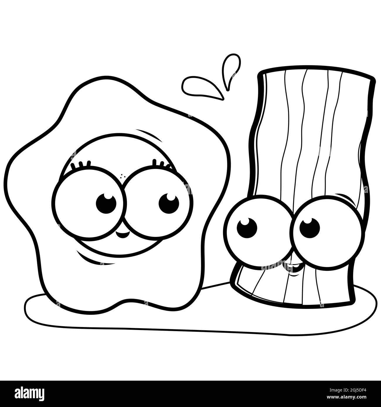 Spiegeleier und Speckfiguren zum Frühstück. Ein Cartoon-Ei und ein Speck-Charakter. Schwarzweiß-Ausmalseite. Stockfoto