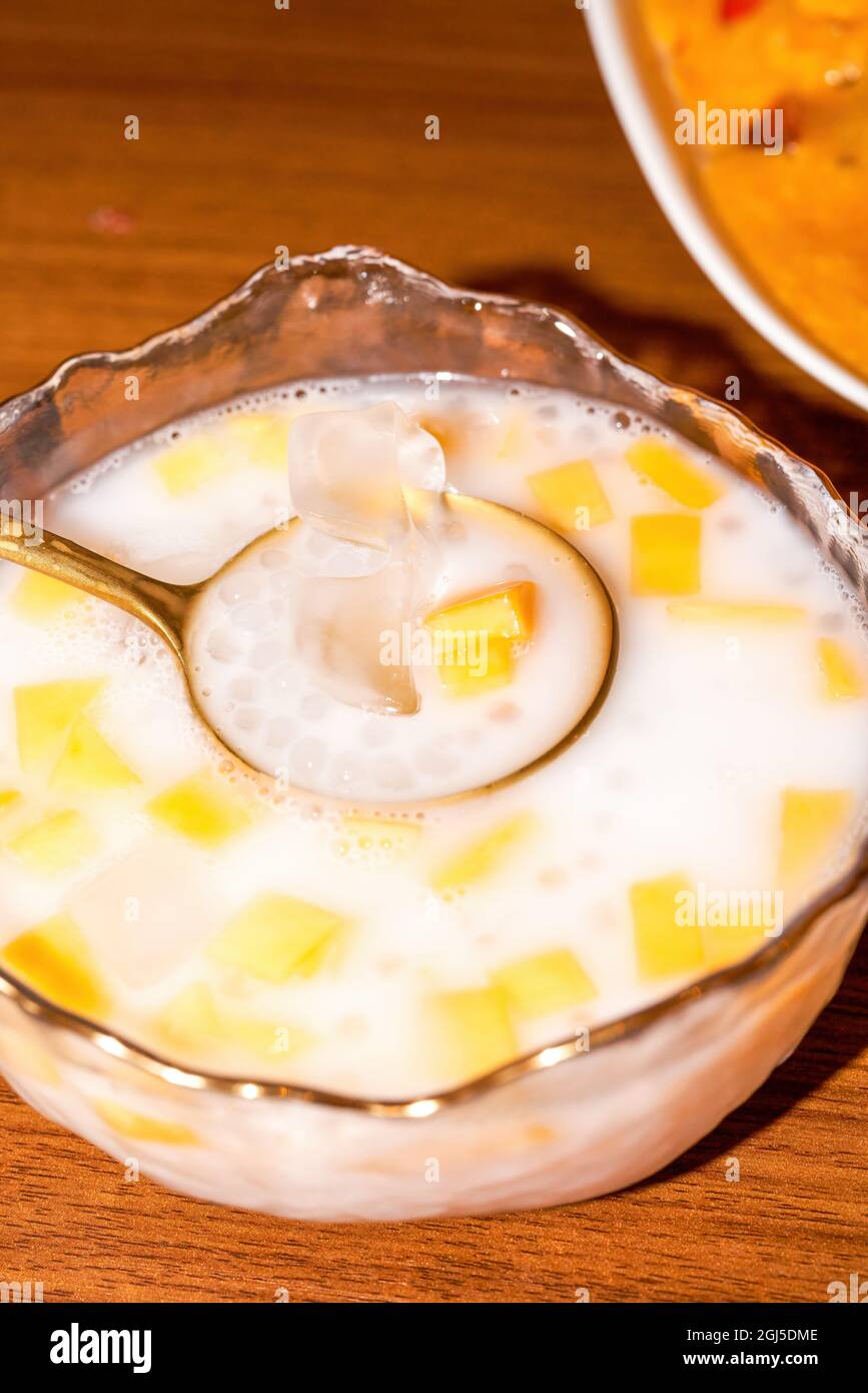 Köstliches thailändisches Dessert, Mango-Kokosnuss-Sago Stockfoto