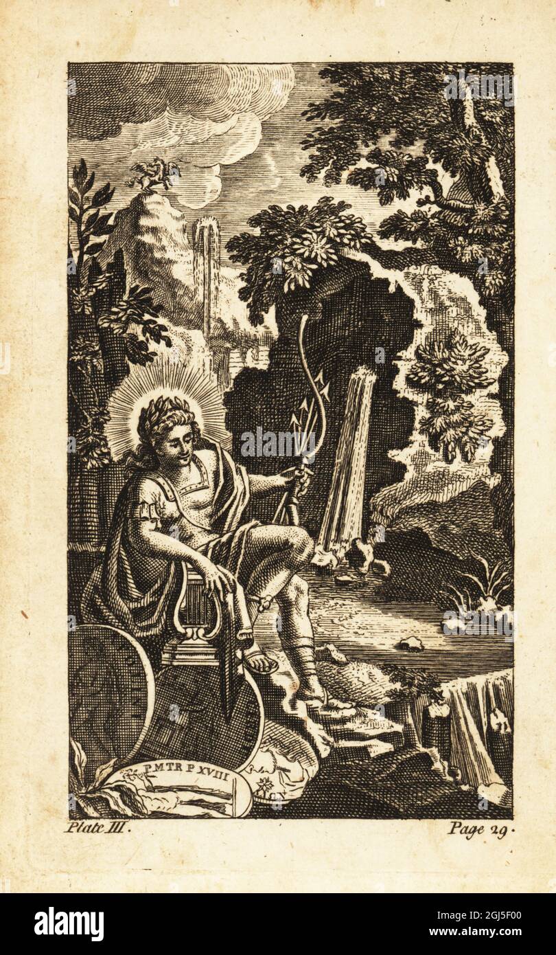 Apollo, griechischer und römischer gott des Bogenschießens, der Musik und des Tanzes. Abgebildet mit Lorbeerkrone, Harfe, Bogen und Pfeil. Kupferstich aus Andrew Tookes The Pantheon, representing the Fabulous Histories of the heidnischen Gods, London, 1757. Stockfoto