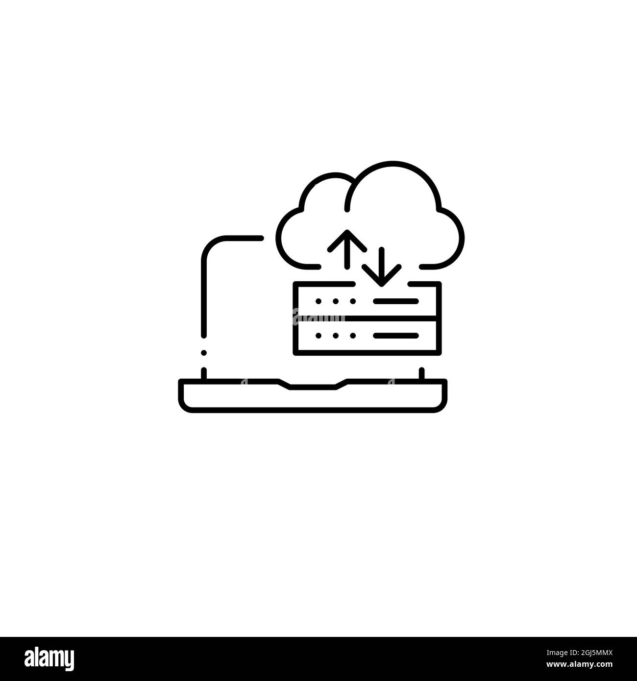 Cloud Information Storage-Server, der mit Ihrem Laptop verbunden ist. Pixel Perfect, bearbeitbares Kontursymbol Stock Vektor