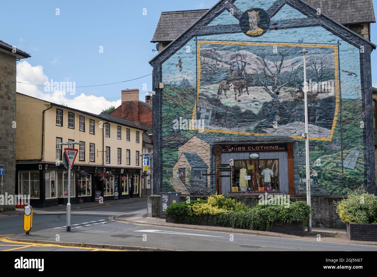 Ein Wandgemälde, das einen alten Prinz von Wales, Llywelyn AP Gruuydd, Broad Street, Builth Wells, Powys, Wales Stockfoto