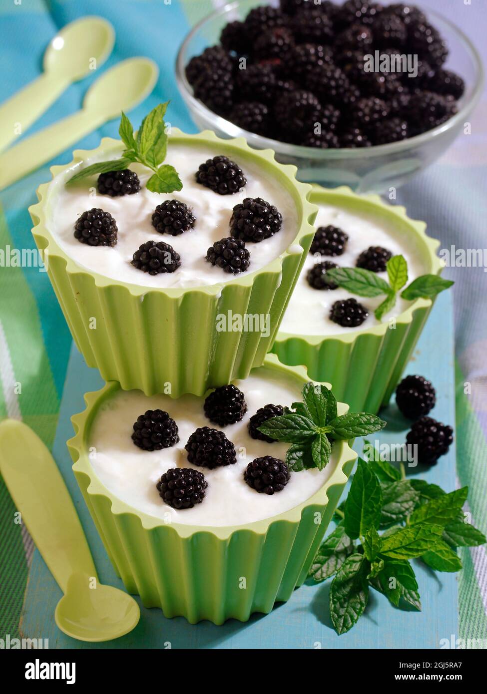 Frischkäse mit Brombeeren. Stockfoto