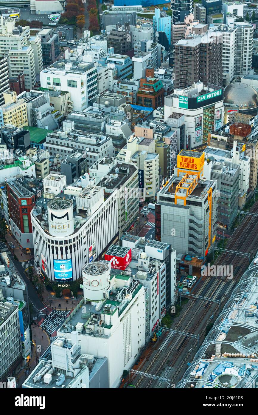 Blick nach unten auf die Gebäude und das Stadtleben von Tokio, Japan Stockfoto