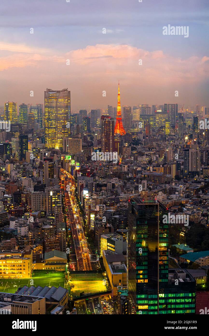 Blick auf den orangefarbenen Tokyo Tower vom Shibuya Scramble Square Observatorium und das Stadtbild von Tokio Stockfoto