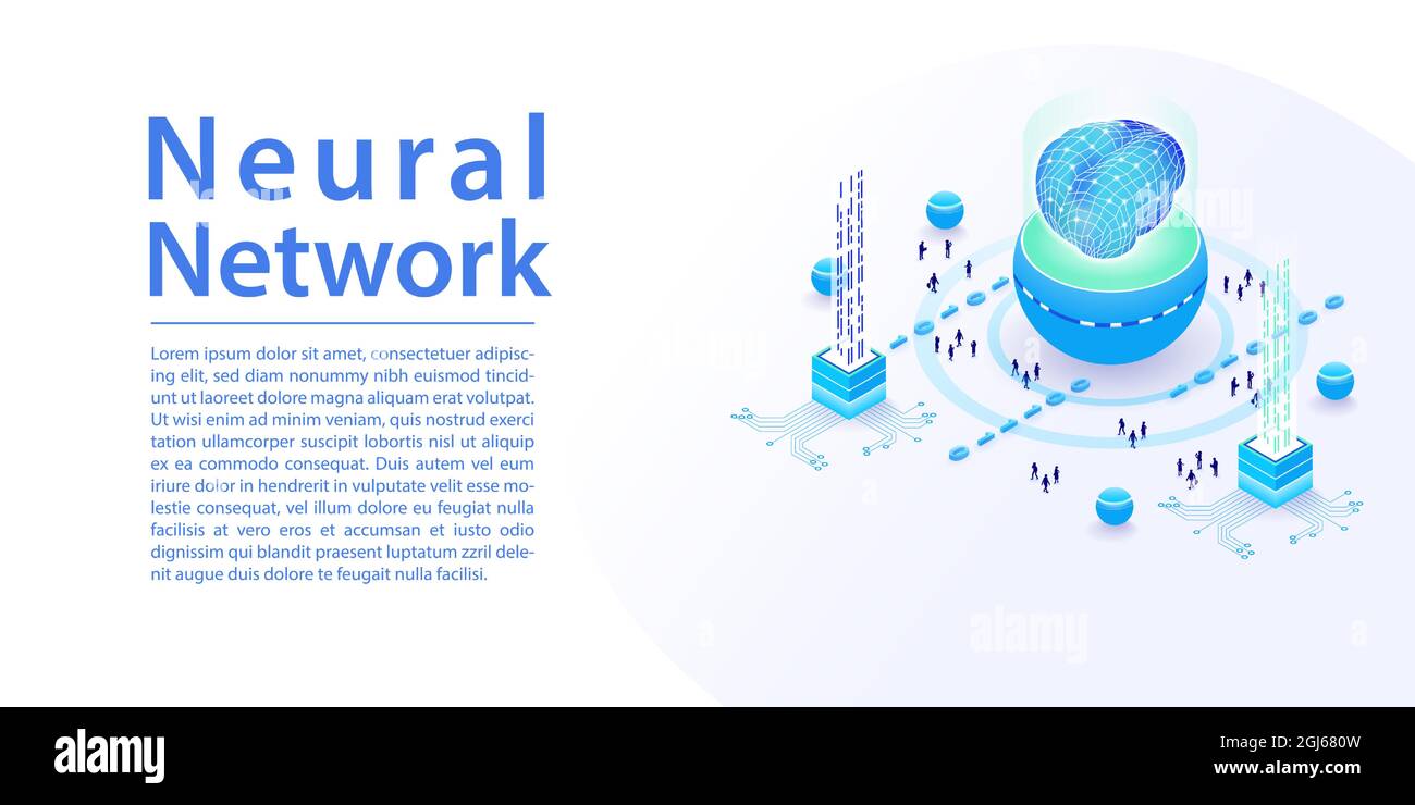 Infografik zu neuronalen Netzwerken und KI-Vektoren im breiten Webbanner-Layout. Notebook- und Datenverarbeitung mit isometrischen 3d-Symbolen. Stock Vektor