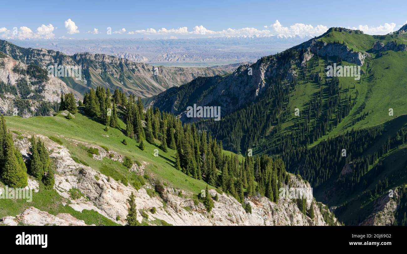 Auf dem Weg, der zum Pass Moldo Aschu führt, Blick auf die Ebene des Flusses Naryn. Landschaft am See Song Kol (Son Kul, Songkol, Song-Koe Stockfoto