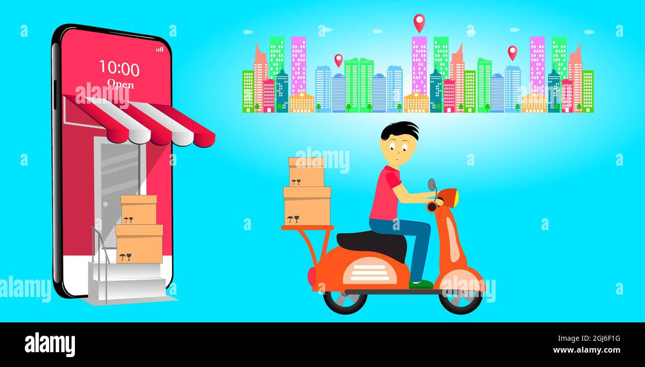 Online-Shop. Roller mit Lieferer. Zeichentrickfigur. Vektorgrafik. Stock Vektor
