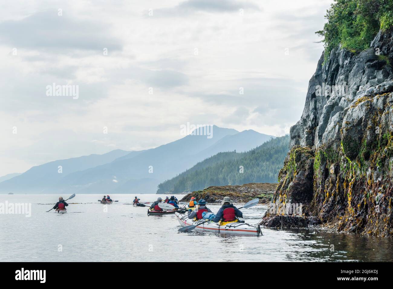 Kanada, British Columbia. Seekajaker paddeln bei Ebbe entlang der Küste von Vancouver Island in der Johnstone Strait. Stockfoto