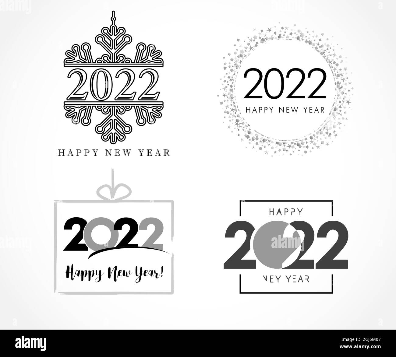 Großes Set von Neujahr 2022 mit Schnee, Glitzer, Geschenk, Quadrat und Text Design-Logo. Luxuriöse Zahlen, schwarze Schrift-Grafik-Vorlage für Kalender, Banner Stock Vektor