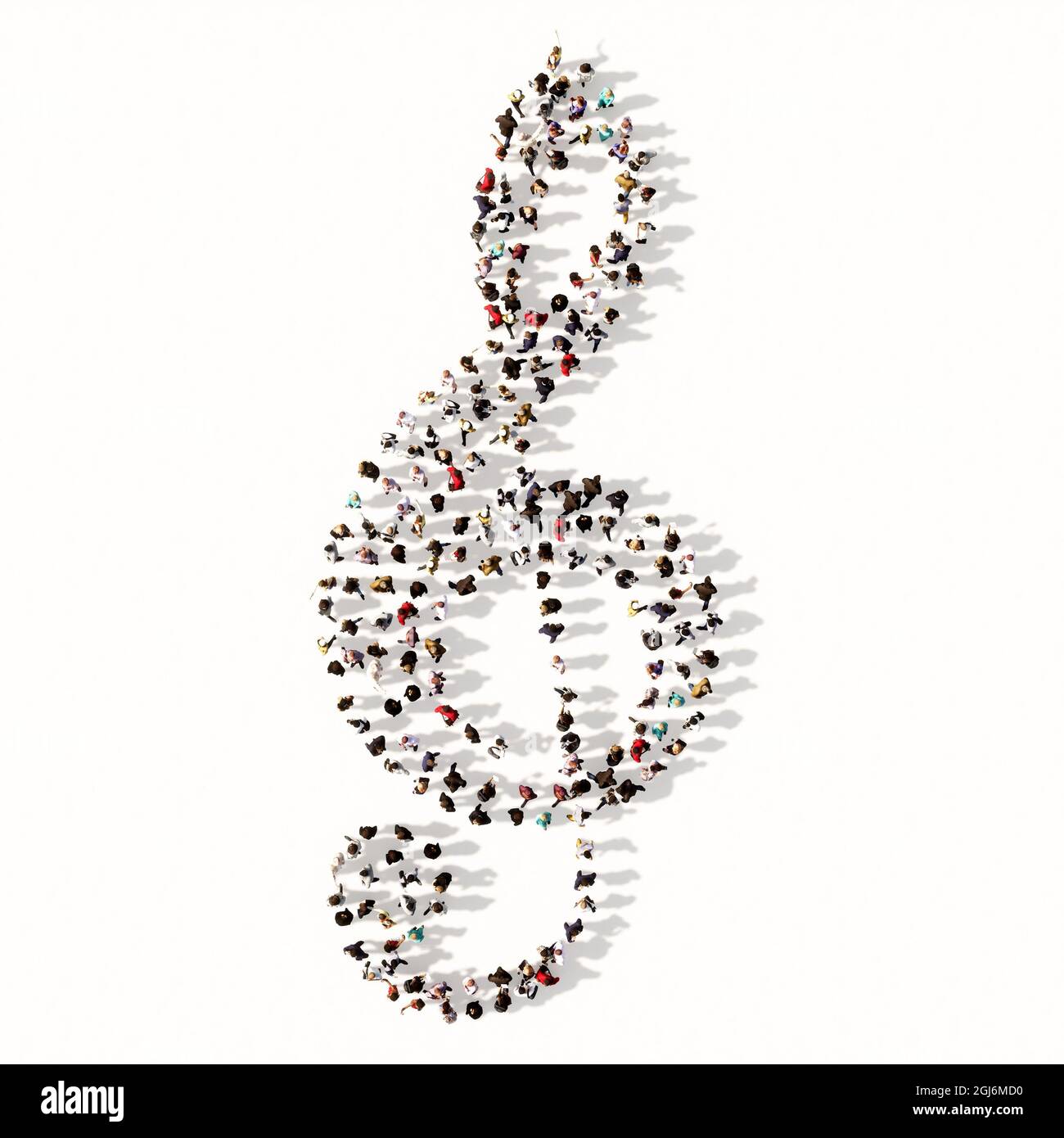 Konzept oder konzeptuelle große Gemeinschaft von Menschen, die das Bild einer musikalischen Note auf weißem Hintergrund bilden. Eine 3d-Illustration Metapher für Musik Stockfoto