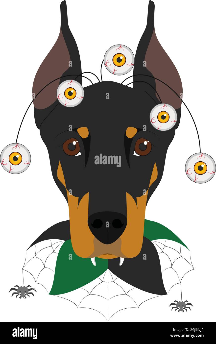 Halloween Grußkarte. Dobermannhund mit furchteinflößenden Augen und einem Spinnennetzkragen bekleidet Stock Vektor