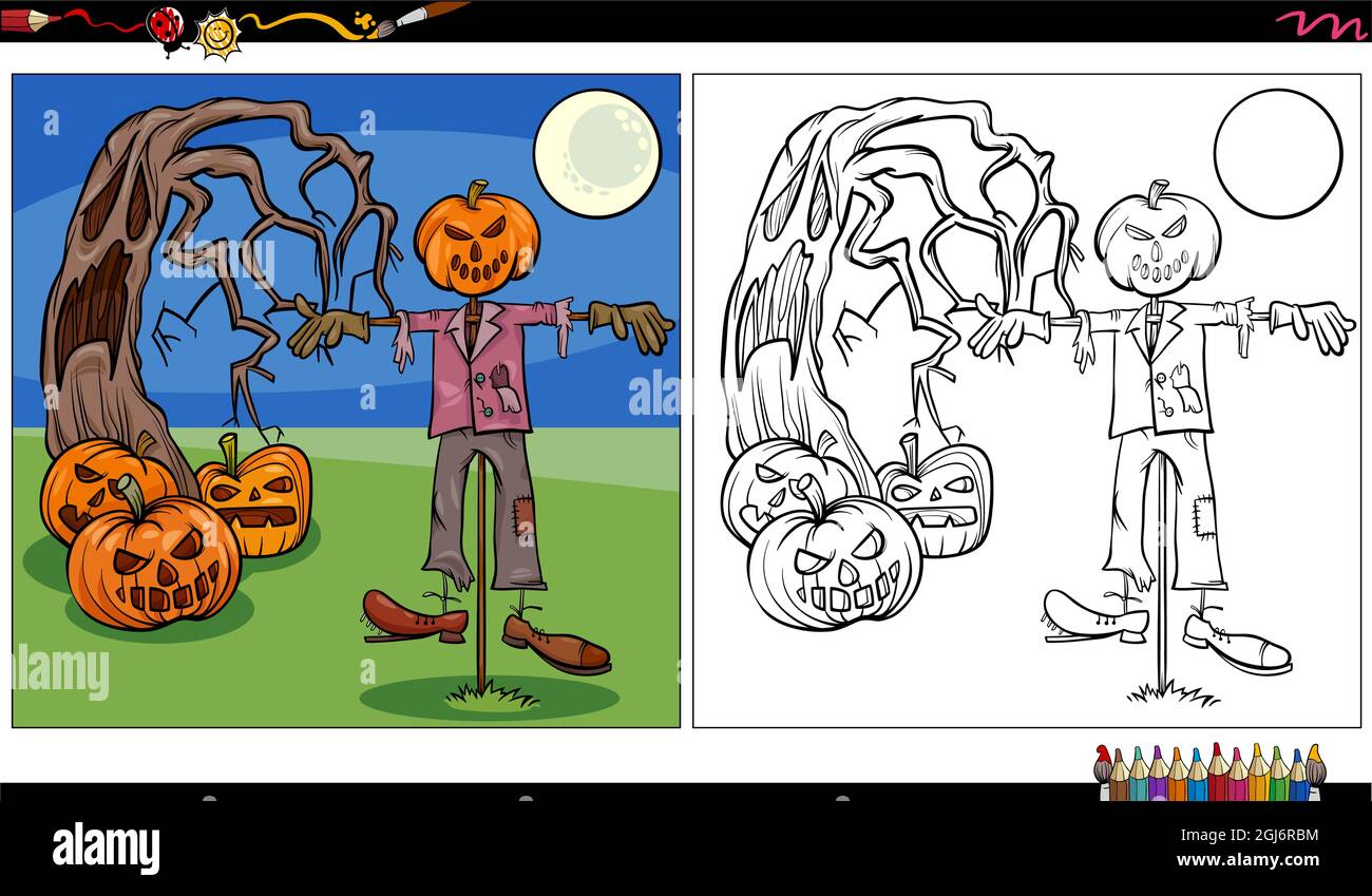 Cartoon Illustration von gruseligen Halloween-Figuren Malbuch Seite Stock Vektor