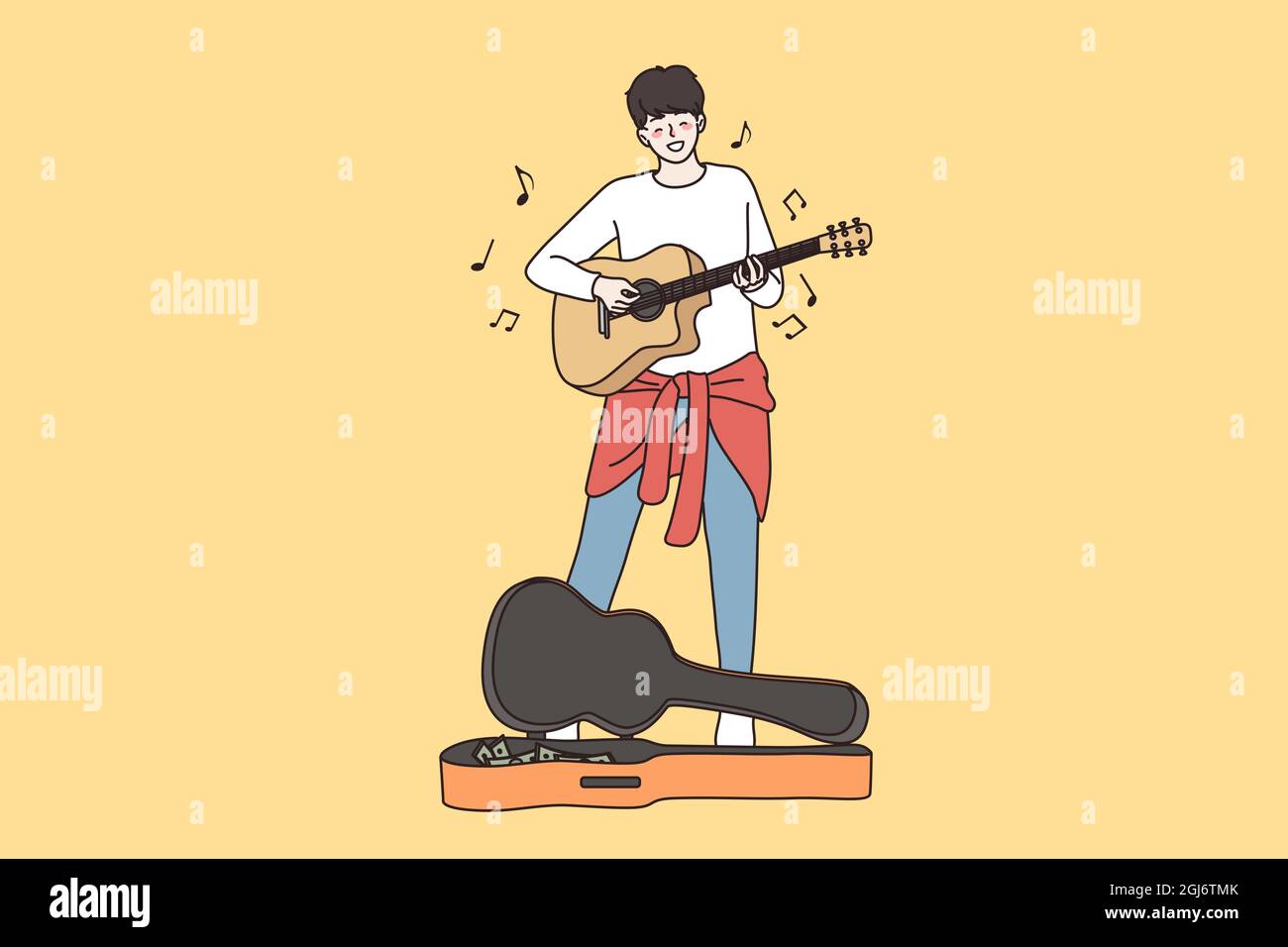 Straßenperformance und Bettelkonzept. Junge glückliche männliche Gitarrist Cartoon-Figur stehend busking durch Gitarre spielen in der Stadt Gesang Song Vektor Illustration Stock Vektor