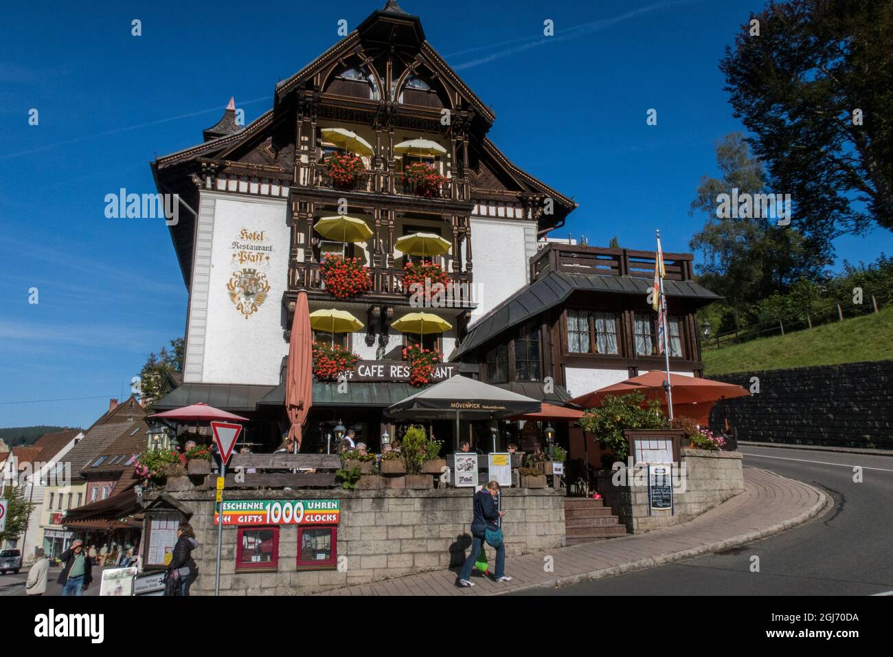 Triberg, Deutschland. Deutsche Stadt, berühmt für Kuckucksuhren. Stockfoto