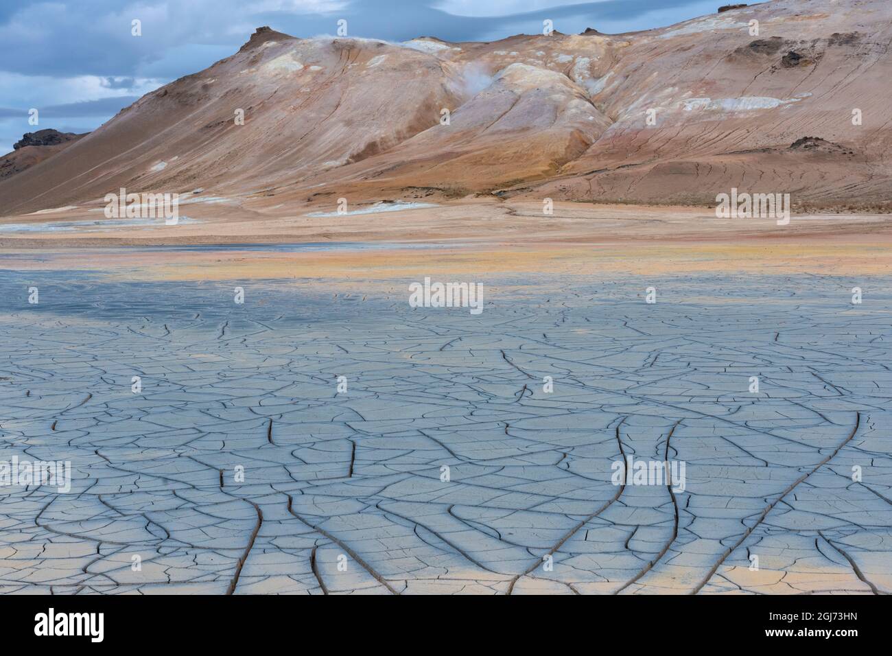 Island, Lake Myvatn District, Hverir Geothermie Gebiet, Schlammflatten. Muster des Trocknungsschlamms in der Nähe der Geothermie. Stockfoto