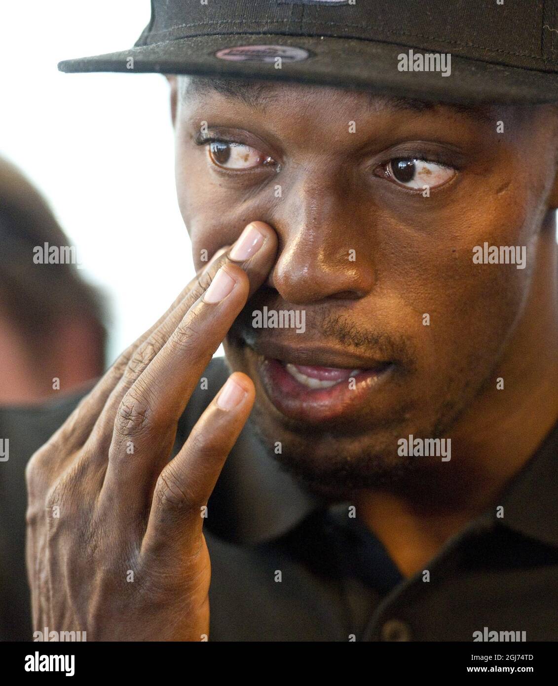 STOCKHOLM 20110728 : jamaikanischer Sprinter Usain Bolt während einer Pressekonferenz am 28. Juli 2011 in Stockholm, Schweden. Bolt wird am 29. Juli beim Leichtathletik-Treffen der DN-galan Diamond League im Stockholmer Stadion antreten. Foto: Leif R Jansson / SCANPIX / Code 10020 ** SCHWEDEN AUS ** Stockfoto