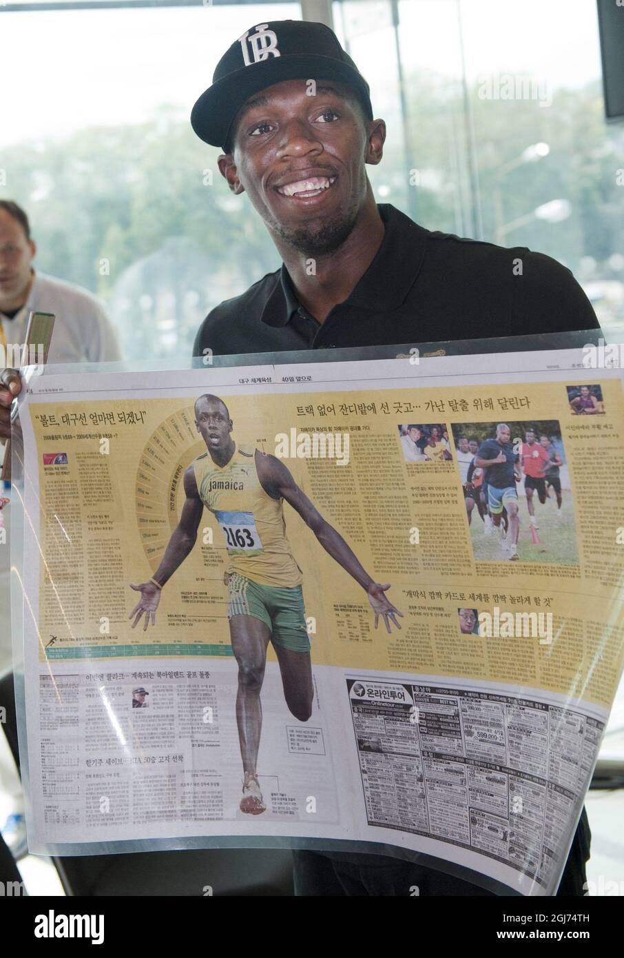 STOCKHOLM 20110728 : jamaikanischer Sprinter Usain Bolt während einer Pressekonferenz am 28. Juli 2011 in Stockholm, Schweden. Bolt wird am 29. Juli beim Leichtathletik-Treffen der DN-galan Diamond League im Stockholmer Stadion antreten. Foto: Leif R Jansson / SCANPIX / Code 10020 ** SCHWEDEN AUS ** Stockfoto