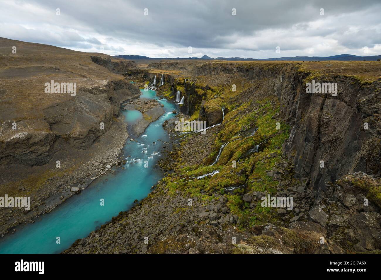 Europa, Island. Blick auf Hrauneyjafoss, eine Gruppe von Wasserfällen im zentralen Hochland. Stockfoto