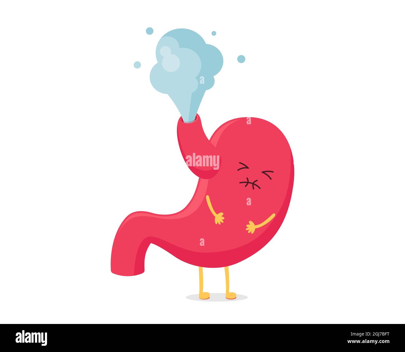 Niedliche Cartoon Magen Charakter fart. Verdauungssystem Blähungen. Vektor-Organ Maskottchen ungesunde kranke Emotion. Abbildung: Isolierte eps für Bauchschmerzen Stock Vektor