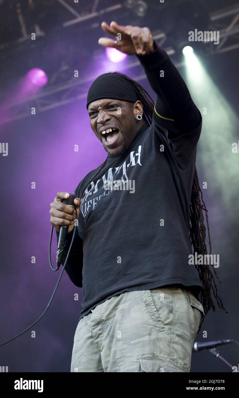 NORJE 20120607 Derrick Green von der brasilianischen Metalband Sepultura perfomrs duirng das Sweden Rock Festival 2012 iin Solvesborg Soputh Schweden, 7. Juni 2012. Foto: Claudio Bresciani / SCANPIX / Kod 10090 Stockfoto