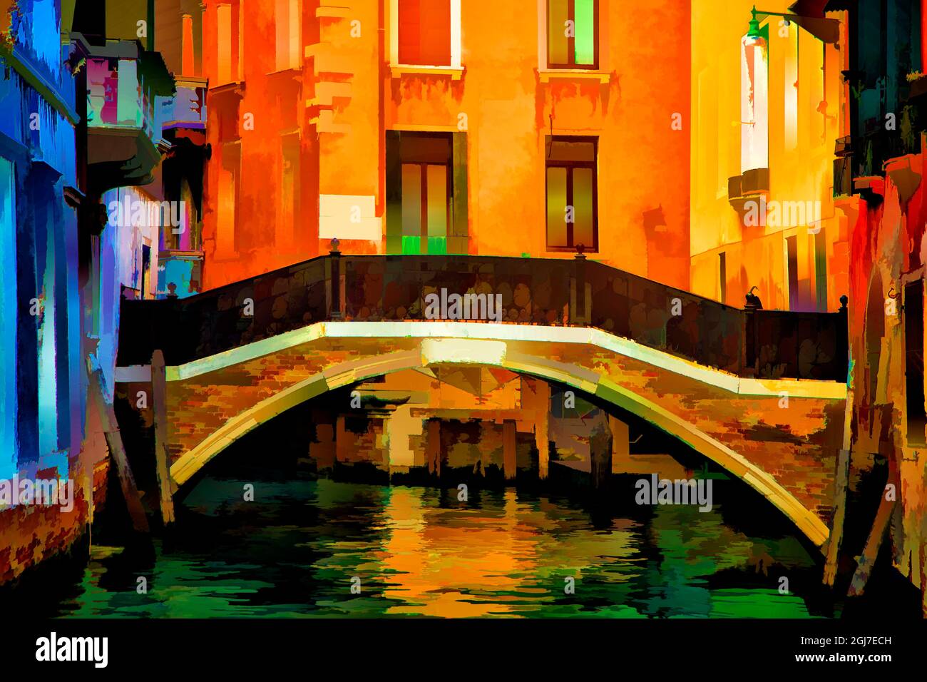 Europa, Italien, Venedig. Abstrakt von Häusern und Brücke über den Kanal. Stockfoto