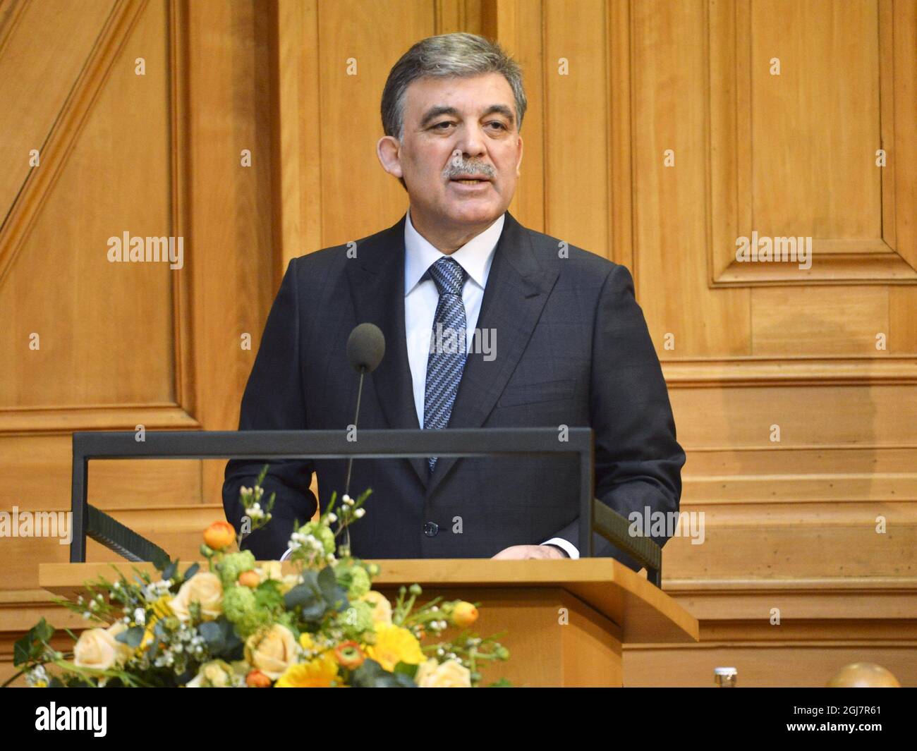 Stockholm 20130313 der türkische Präsident Abdullah GÃ¼l hält eine Rede im Parlament in Stockholm. Präsident GÃ¼l schließt am Mittwoch, den 13 2013. März, einen dreitägigen Staatsbesuch in Schweden ab Foto: Jonas EkstrÃ¶mer / SCANPIX kod 10030 Stockfoto