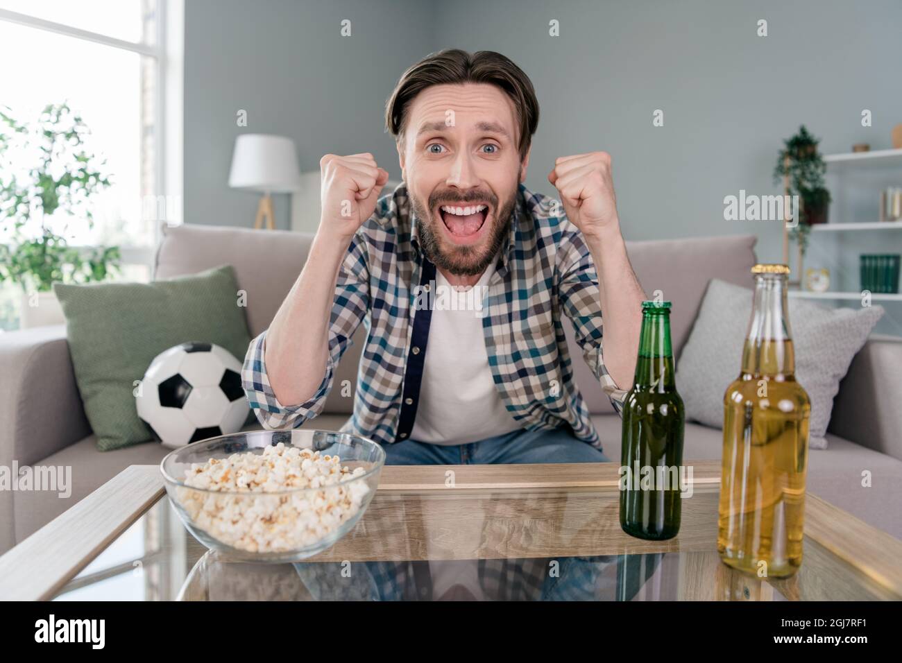 Foto von aufgeregt glücklichen jungen Mann tragen kariertes Hemd sitzend Sofa Fußball aufsteigende Fäuste trinken Bier Pop Mais im Hauszimmer zu beobachten Stockfoto