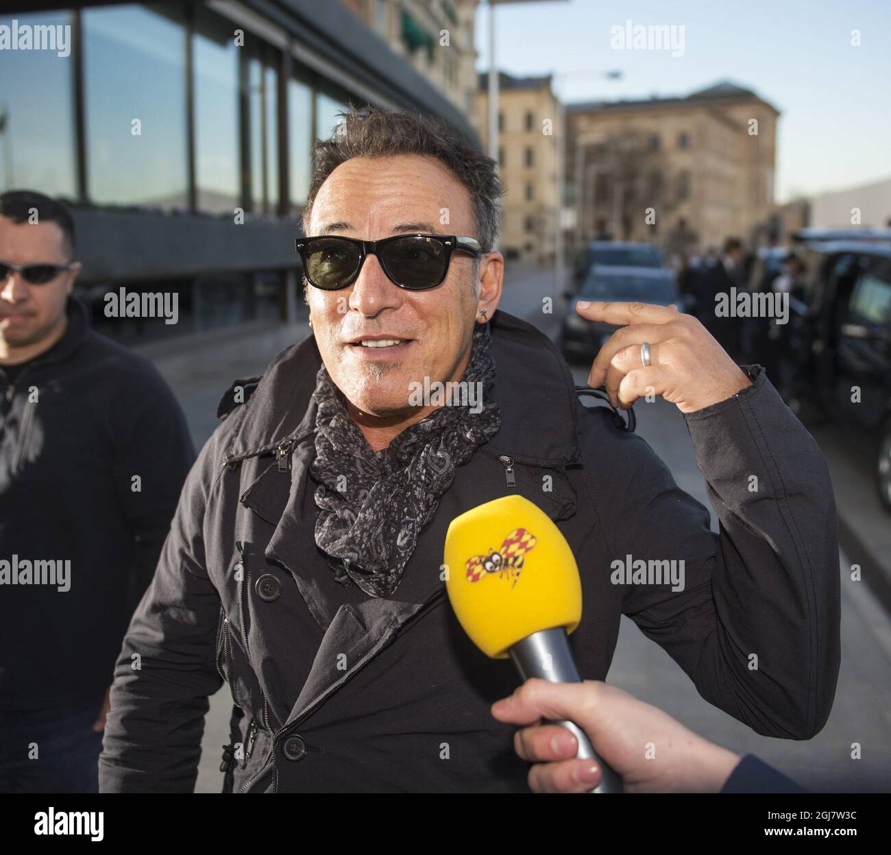 Bruce Springsteen kommt im Grand Hotel in Stockholm an. Heute Abend, Freitag, wird er sein erstes von drei Konzerten in Stockholm spielen. Stockfoto
