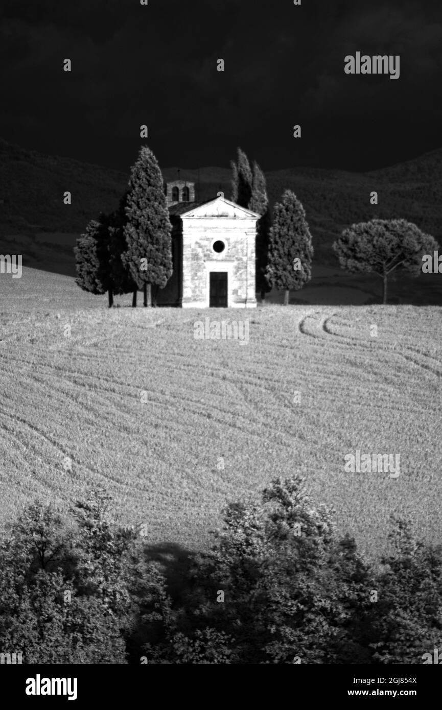 Italien, Toskana. Capella di Vitaleta, Kapelle, Val d'Orcia. Stockfoto