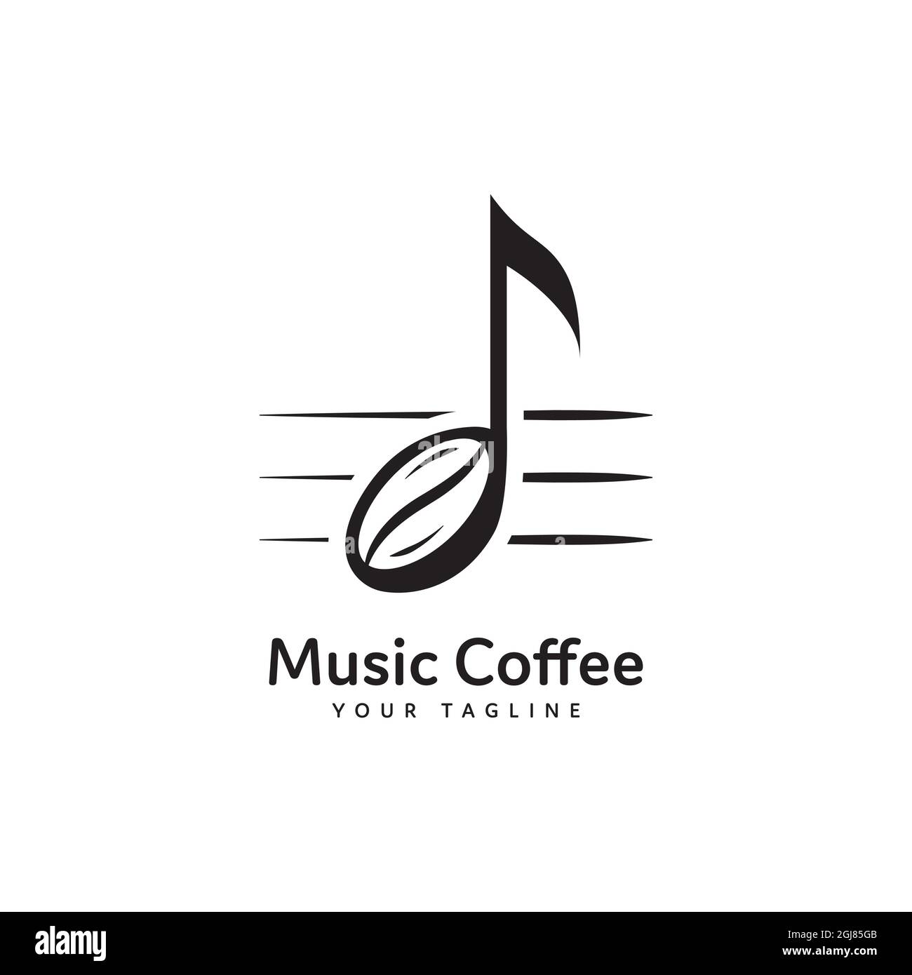Musik Kaffee Logo isoliert auf weißem Hintergrund. Kaffeebohnen und Musiknotation Stock Vektor
